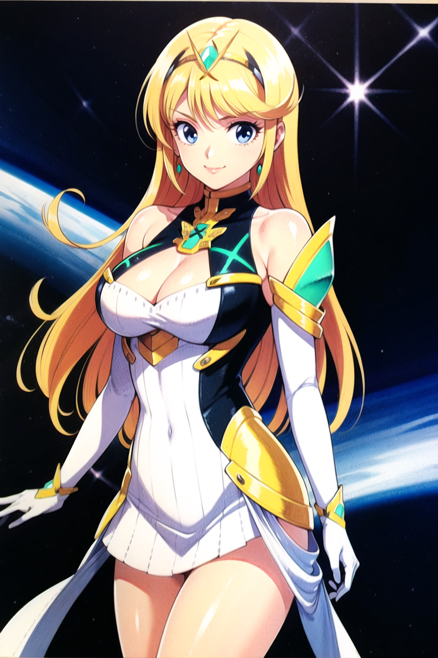 takada akemi,

mythra \(xenoblade\), 1girl, armor, bangs, bare shoulders, blonde hair, breasts, cleavage, closed mouth, dr...